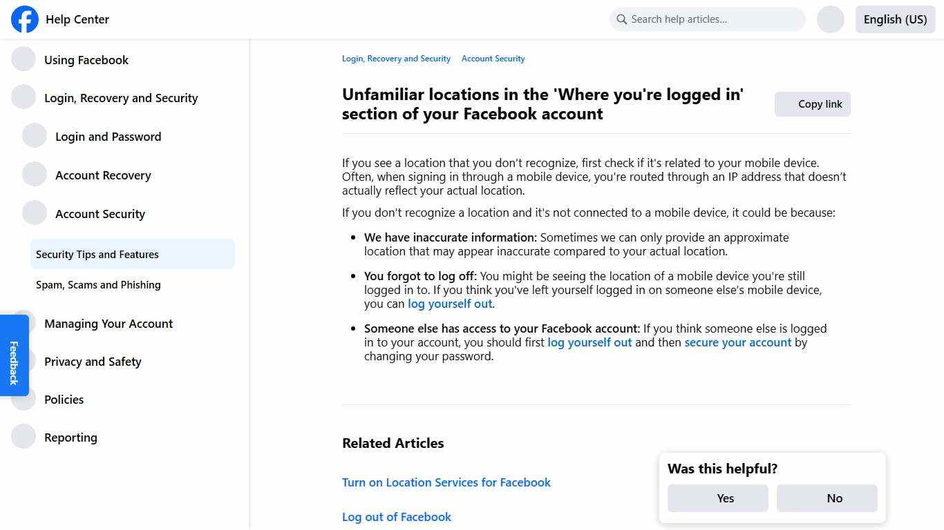Unfamiliar locations in the 'Where you're logged in' section of your Facebook account Facebook Help Center